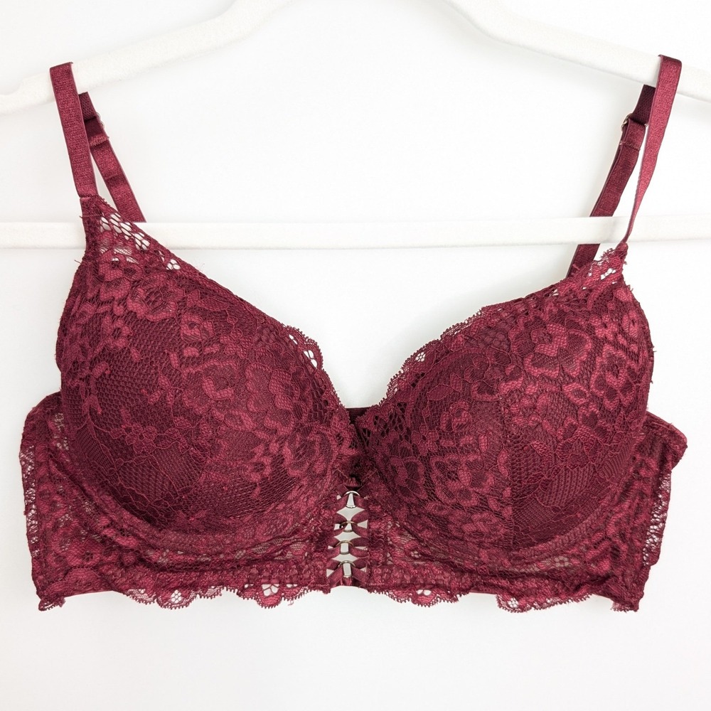 Censored UK Floral Lace‎ Push Up Bra Size 36B Burgundy Underwire Padded Romantic